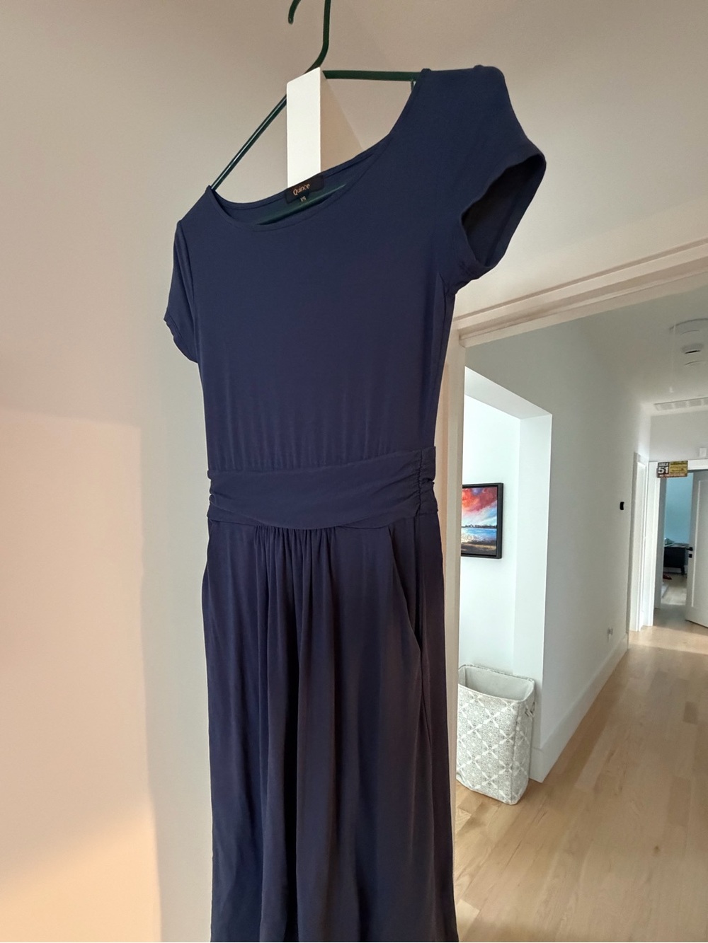 Quince Navy Midi Dress with Ruched Waist